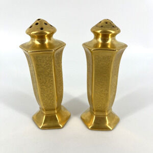 Vtg Pickard Gold Gilded Salt Pepper Shakers Etched Porcelain Set Pair Art MCM